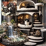Two cats, one black and one black-and-white, are cozily nestled together, their curious eyes staring intently as if plotting a cat conspiracy, with a warm, softly blurred background adding to the feline charm.