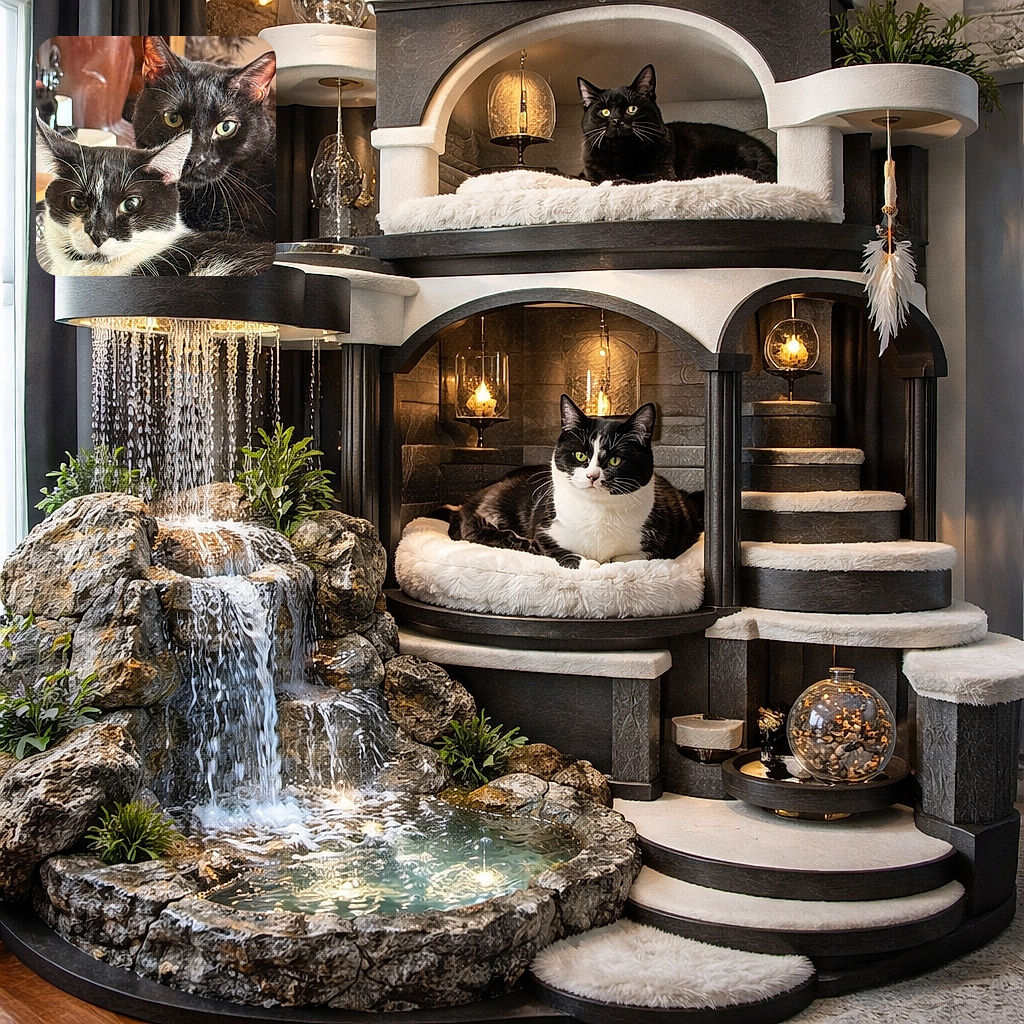 Two cats, one black and one black-and-white, are cozily nestled together, their curious eyes staring intently as if plotting a cat conspiracy, with a warm, softly blurred background adding to the feline charm.