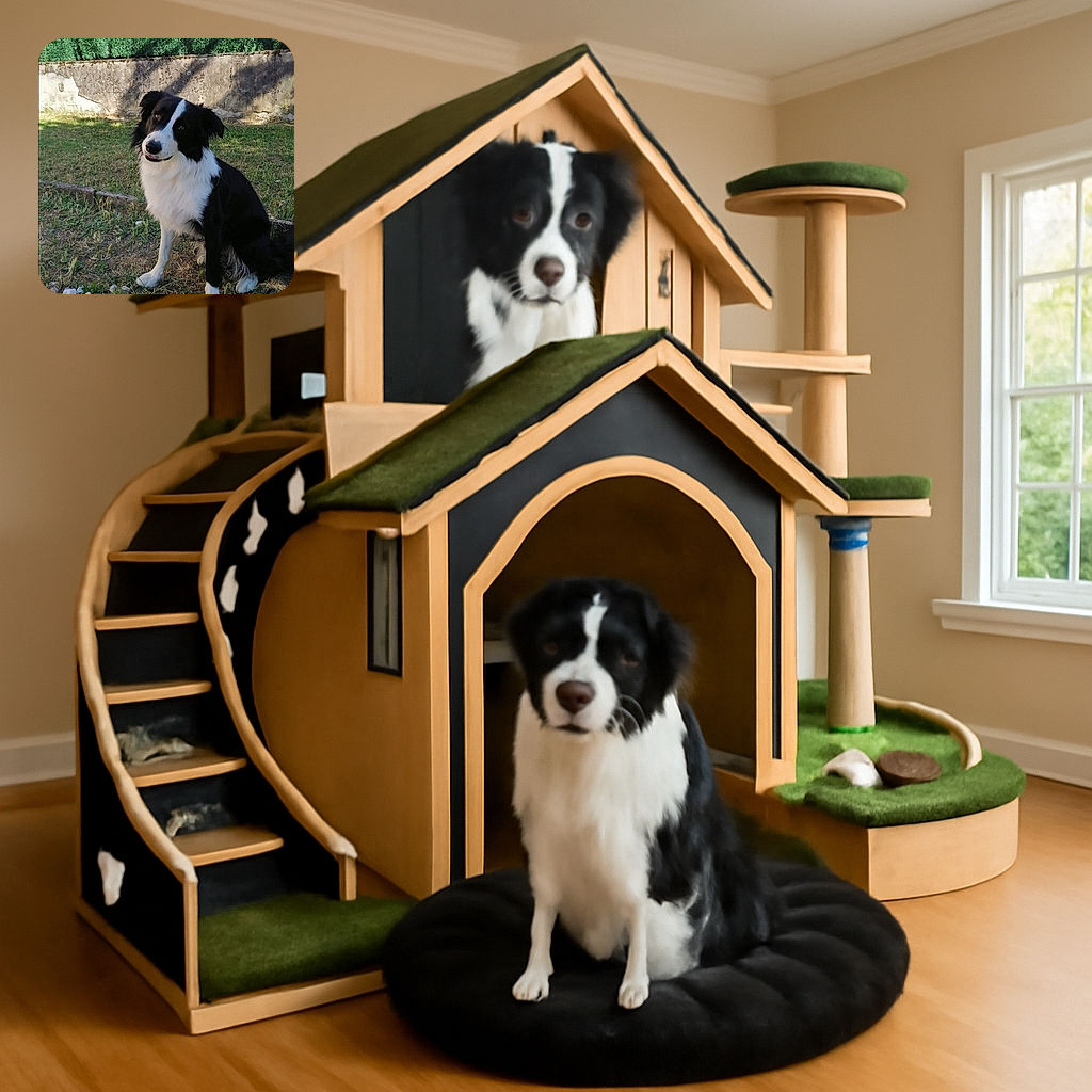 A charming black and white dog sits patiently on a patchy lawn with some white stones in the foreground. The dog tilts its head adorably, as if pondering the mysteries of the universe or just waiting for a treat. Behind it, a green hedge and a rustic stone wall add a cozy backyard vibe. The photo has some user-added text overlay in French, adding a nostalgic touch to the moment.