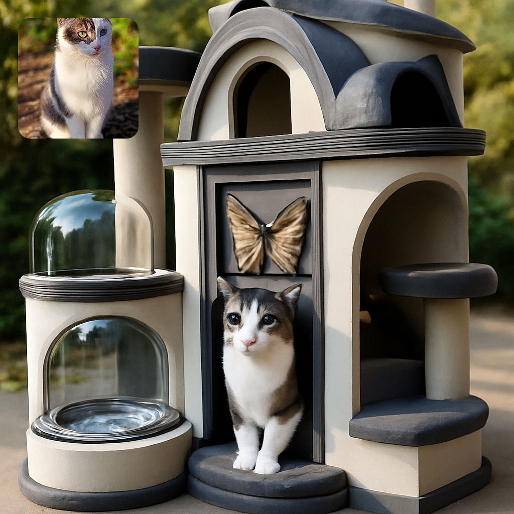 A charming cat with a mix of white and gray fur sits gracefully on the ground, bathed in warm sunlight. The background is softly blurred, highlighting the cat's attentive green eyes and pink nose, making it look like a serene outdoor portrait.