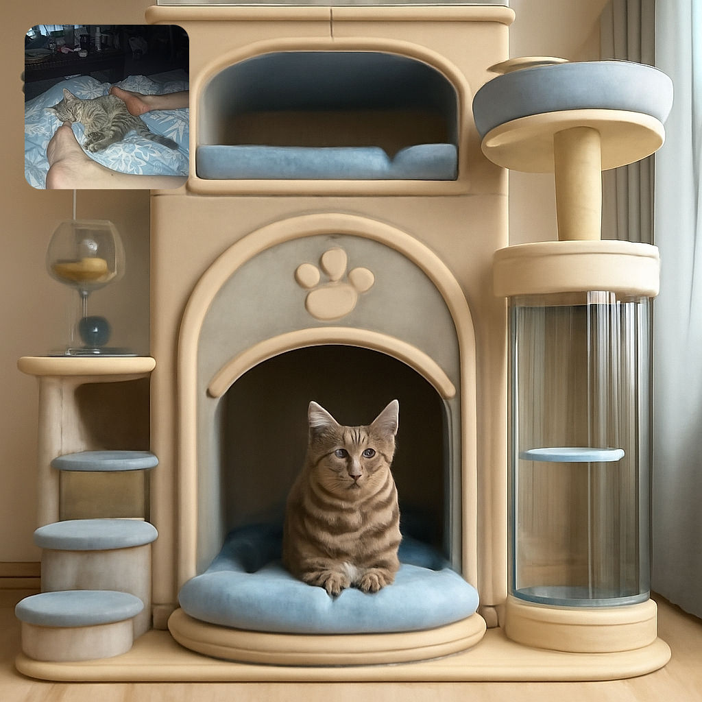 A cozy scene featuring a sleepy tabby cat nestled between two bare feet on a patterned blue blanket. The dimly lit background shows a cluttered table, adding a casual homey vibe to the intimate moment.