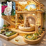 A charming orange tabby cat sits proudly on a floral tablecloth, squinting with an expression that says it knows all the secrets of the universe. The cozy kitchen background adds a homey vibe, complete with crystal glasses and colorful clutter.