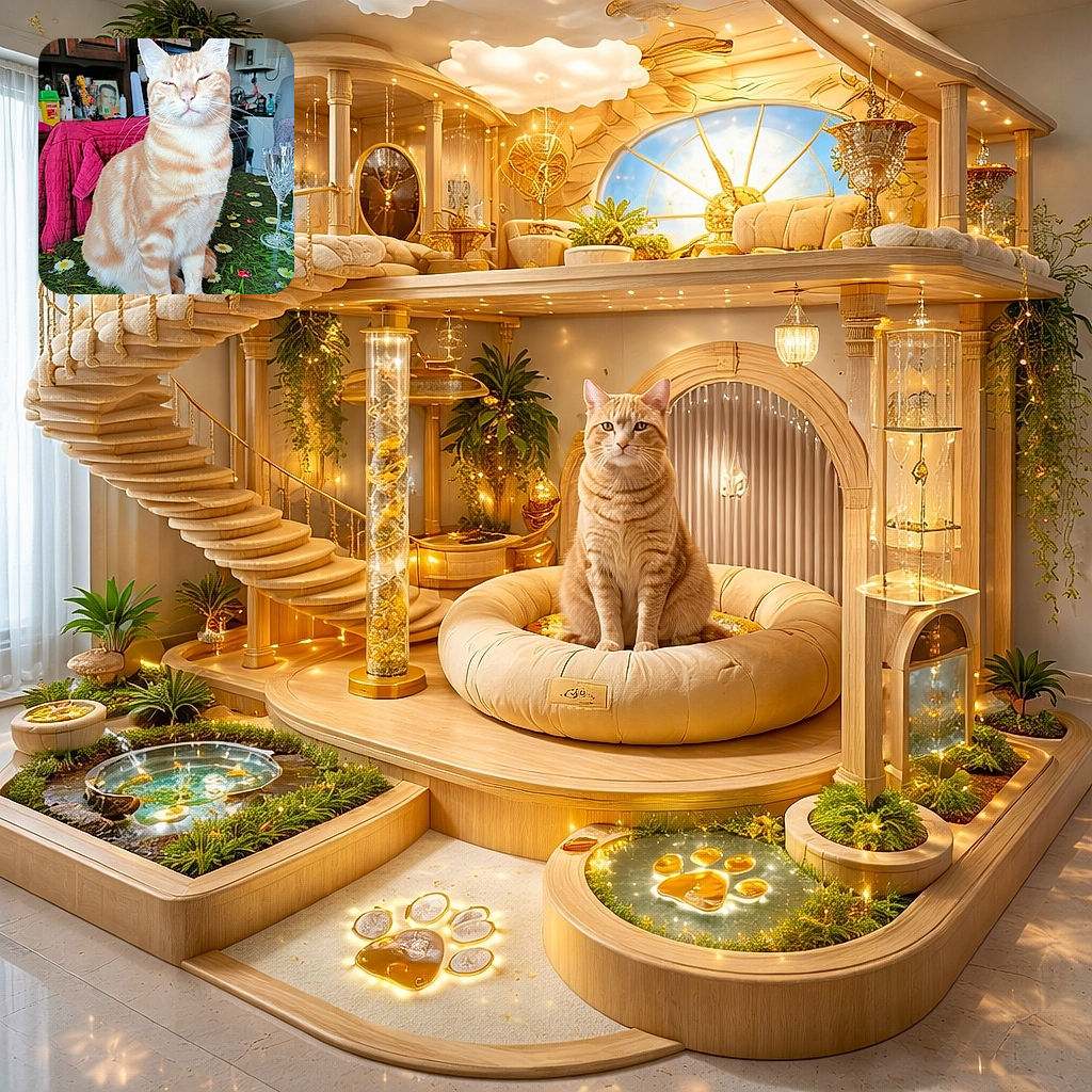 A charming orange tabby cat sits proudly on a floral tablecloth, squinting with an expression that says it knows all the secrets of the universe. The cozy kitchen background adds a homey vibe, complete with crystal glasses and colorful clutter.