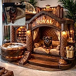 A cozy indoor scene featuring a brown dog lounging comfortably on a well-used dog bed, with a quirky dog statue holding a bone and a sign that reads 'THEA' perched on a chair nearby. A TV screen showing a person occupies the upper left, while the tiled floor and surrounding furniture complete the homey vibe.