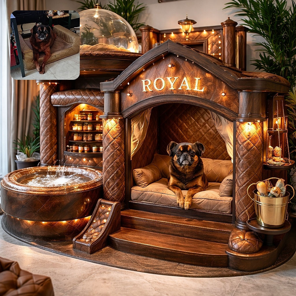A cozy indoor scene featuring a brown dog lounging comfortably on a well-used dog bed, with a quirky dog statue holding a bone and a sign that reads 'THEA' perched on a chair nearby. A TV screen showing a person occupies the upper left, while the tiled floor and surrounding furniture complete the homey vibe.