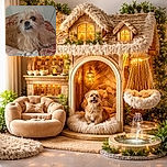 A scruffy, fluffy dog lounges comfortably on a patterned red couch with a cozy blanket nearby, gazing upward with soulful eyes as if pondering the mysteries of the universe or just waiting for a treat.