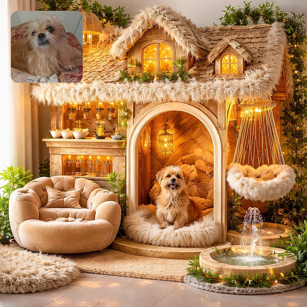 A scruffy, fluffy dog lounges comfortably on a patterned red couch with a cozy blanket nearby, gazing upward with soulful eyes as if pondering the mysteries of the universe or just waiting for a treat.