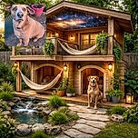 A charming dog with soulful eyes sits patiently in a garden, surrounded by vibrant green foliage and colorful flower pots, looking as if it's waiting for a treat or a belly rub.