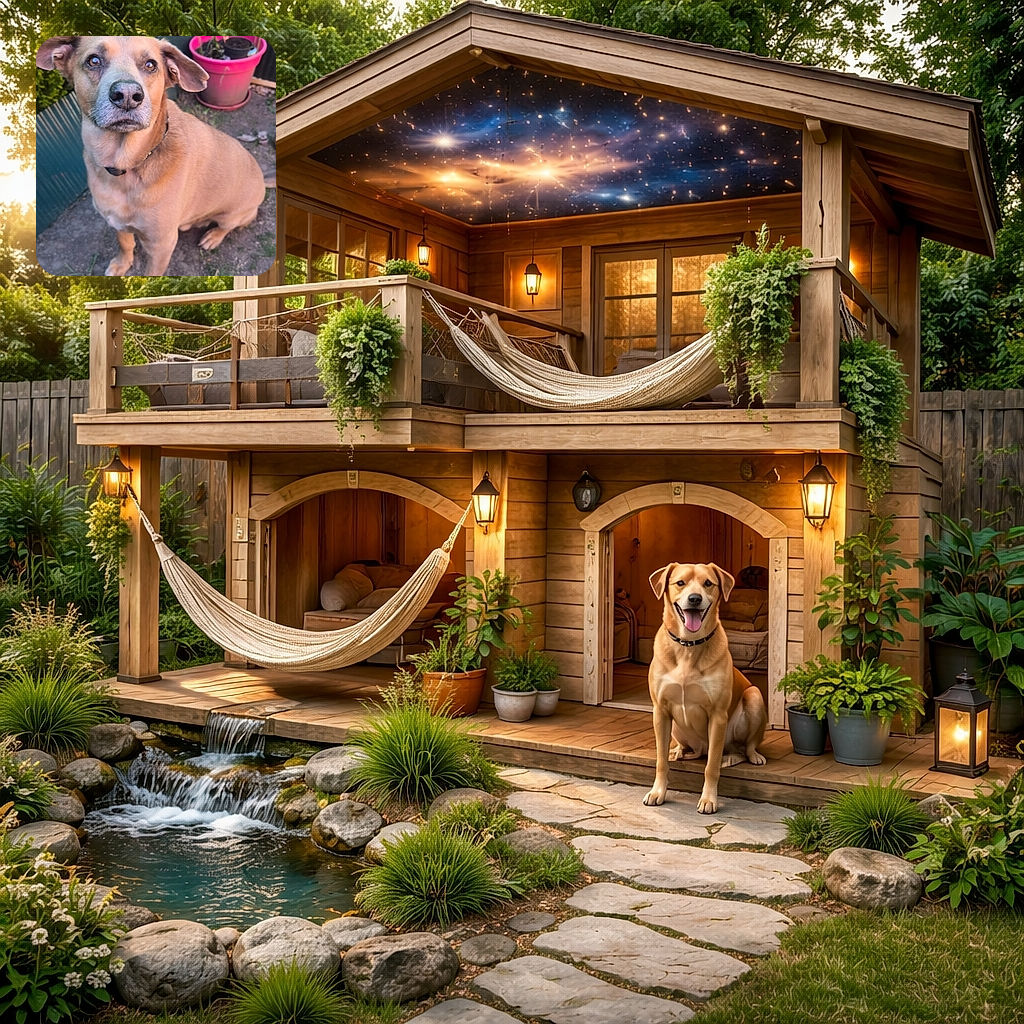 A charming dog with soulful eyes sits patiently in a garden, surrounded by vibrant green foliage and colorful flower pots, looking as if it's waiting for a treat or a belly rub.