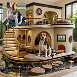 A beagle sits proudly on a cushioned outdoor chair, tongue out and eyes full of serious detective energy—as if it has just solved the case of the missing treat.