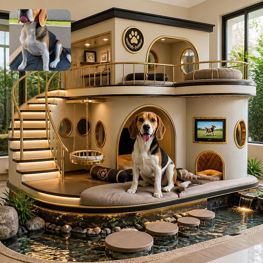 A beagle sits proudly on a cushioned outdoor chair, tongue out and eyes full of serious detective energy—as if it has just solved the case of the missing treat.