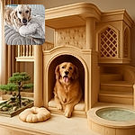 A golden retriever lounges comfortably on a textured rug, holding a large fluffy stuffed animal in its mouth, looking content and slightly playful.