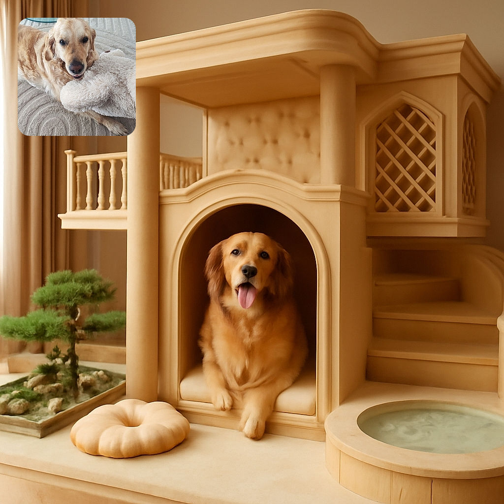 A golden retriever lounges comfortably on a textured rug, holding a large fluffy stuffed animal in its mouth, looking content and slightly playful.