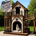 A small dog with a harness is sitting on a dirt ground next to a white car, surrounded by scattered pebbles and casting shadows from nearby trees.