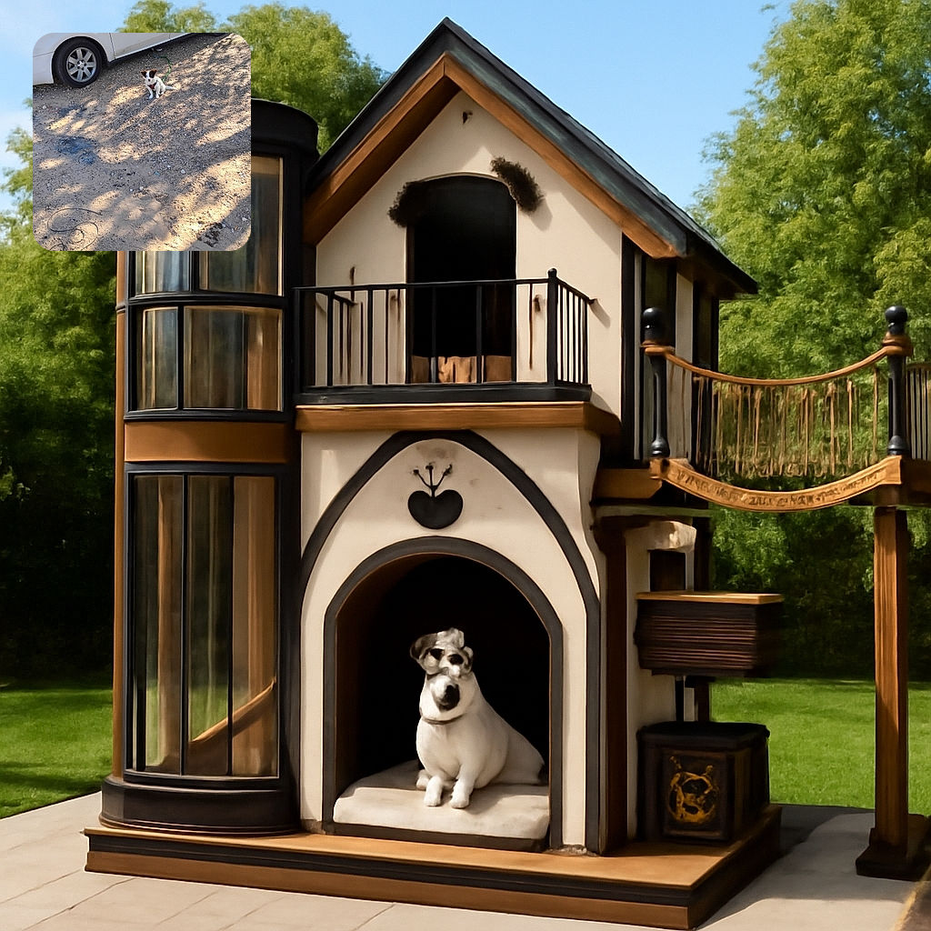 A small dog with a harness is sitting on a dirt ground next to a white car, surrounded by scattered pebbles and casting shadows from nearby trees.