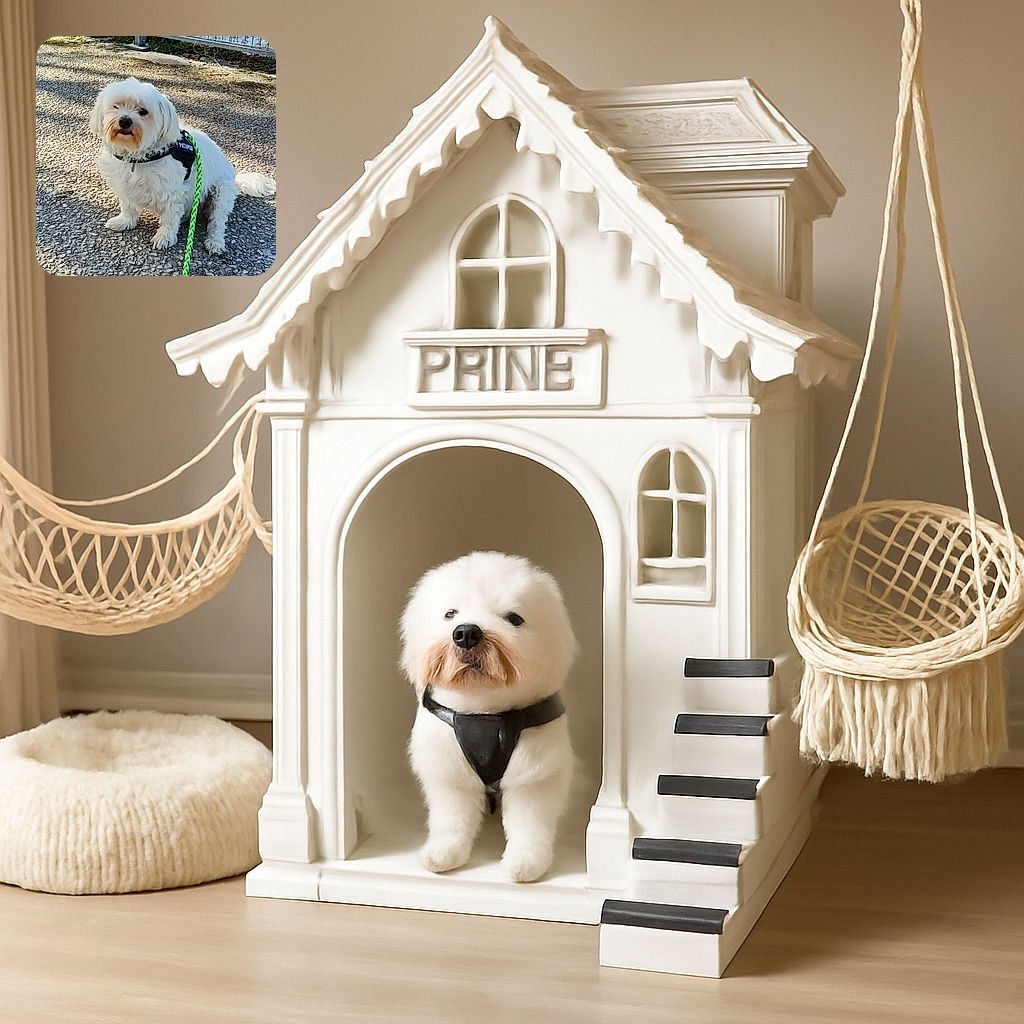 A fluffy white dog wearing a harness labeled 'PATAPOUF' sits patiently on a gravel path, attached to a bright green leash. The background shows a metal fence and some greenery, with soft sunlight casting gentle shadows.