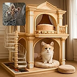 Two adorable fluffy small dogs stand side by side on a patterned rug and wooden floor, looking curiously at the camera with their tails wagging in excitement.
