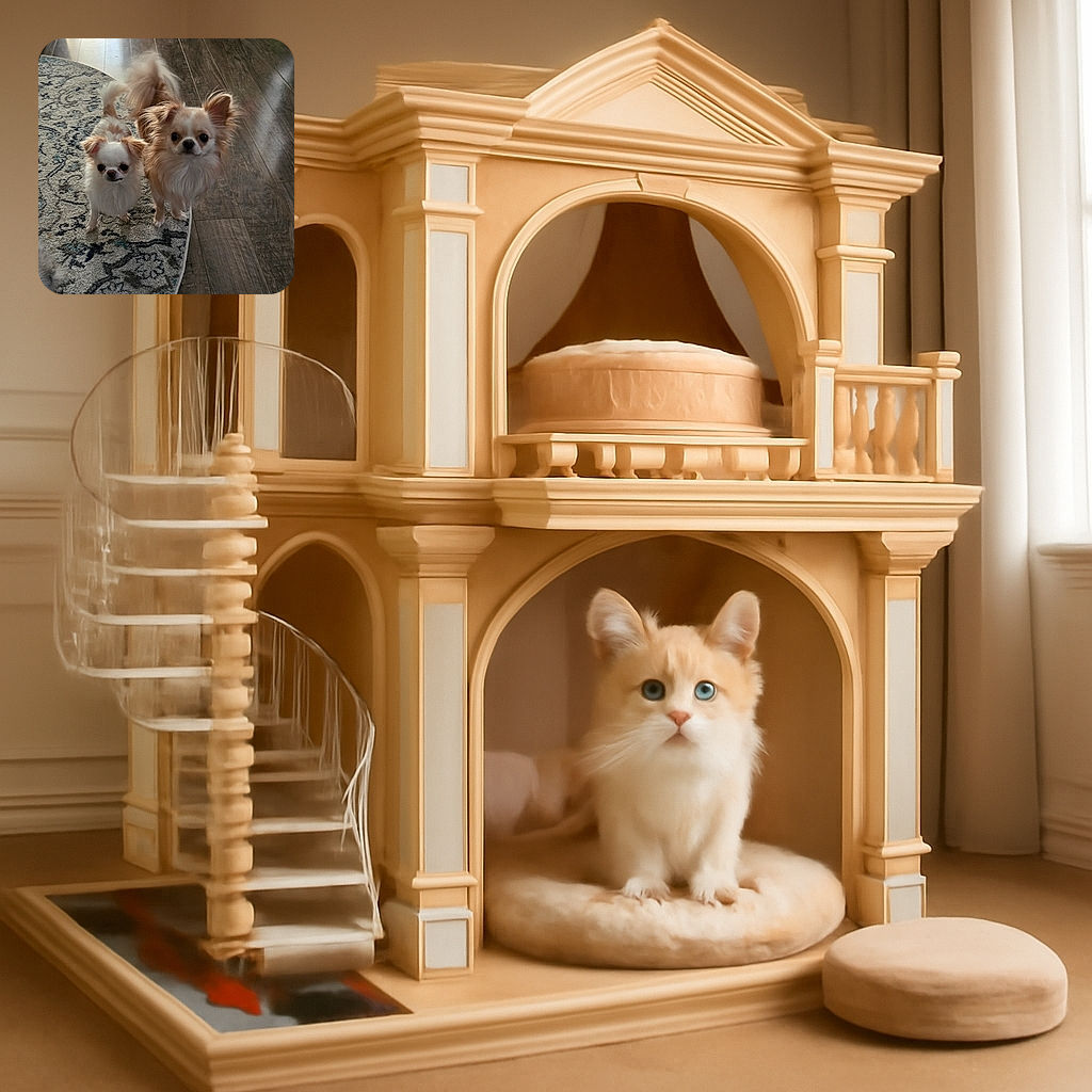 Two adorable fluffy small dogs stand side by side on a patterned rug and wooden floor, looking curiously at the camera with their tails wagging in excitement.