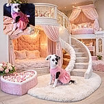 A small dog dressed in a cute pink dress sits on a soft pink blanket with a dark background, looking off to the side with an innocent and slightly curious expression.