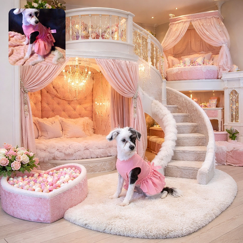 A small dog dressed in a cute pink dress sits on a soft pink blanket with a dark background, looking off to the side with an innocent and slightly curious expression.