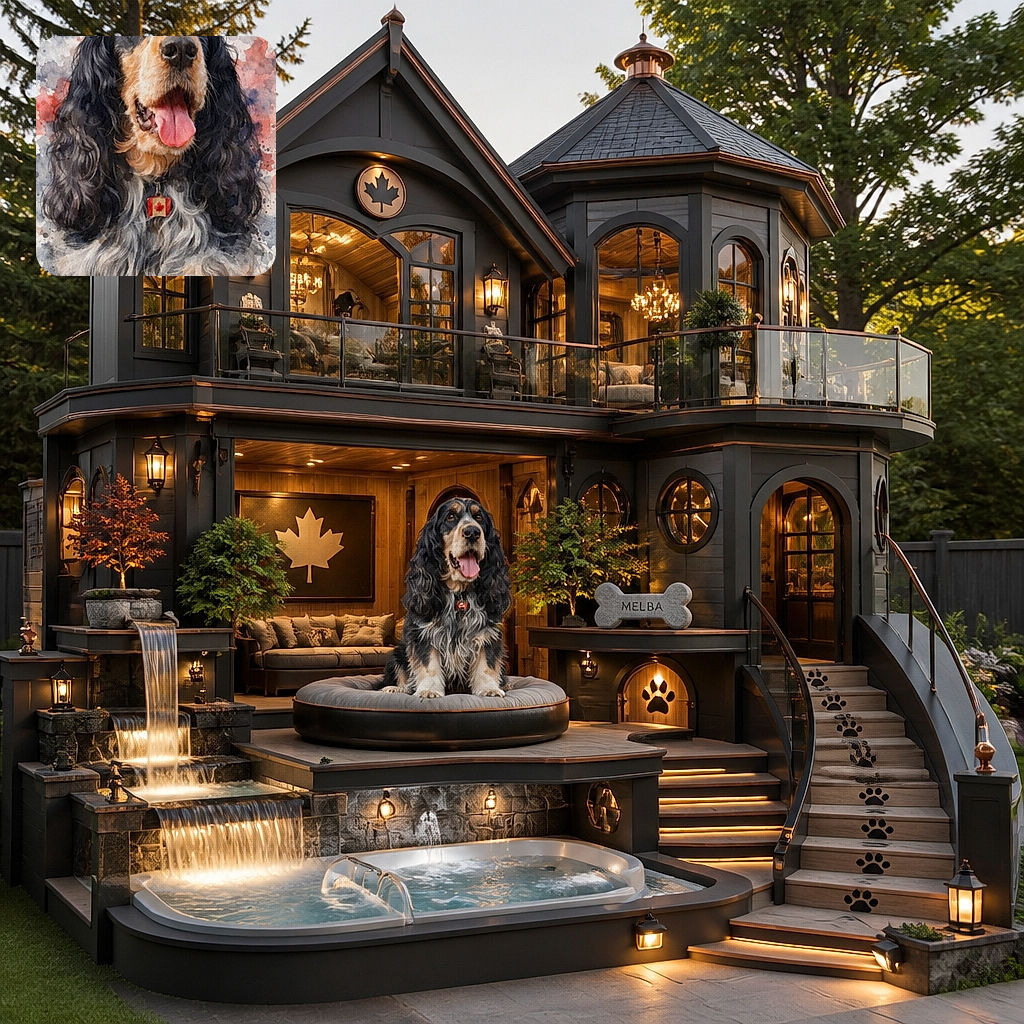 A cheerful long-haired dog poses like a watercolor celebrity, tongue out and wearing a tiny maple-leaf tag, while the painted splashes behind it suggest this pup has just won Best in Show for dramatic fluff. The name "Melba" appears near the bottom as part of the artwork.