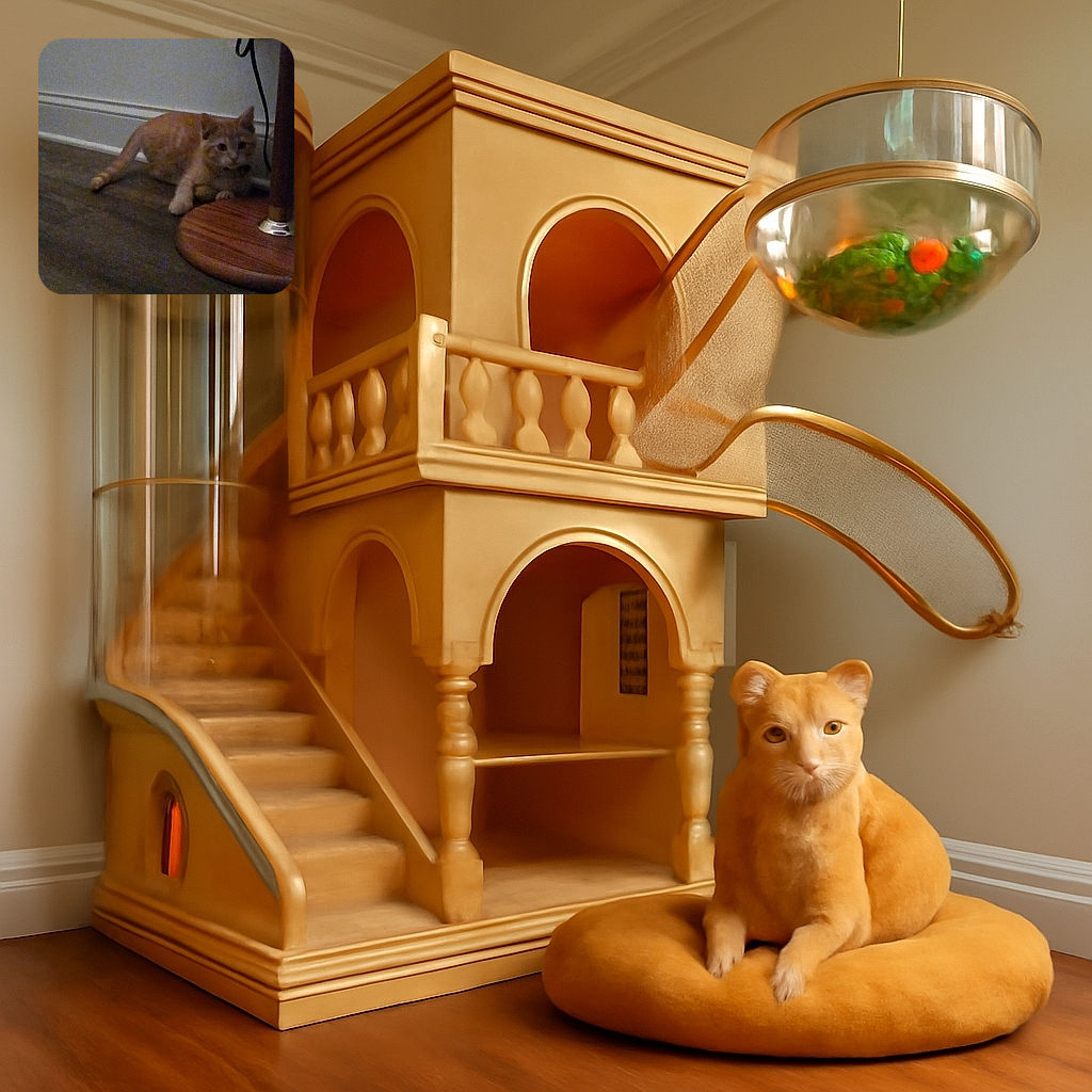 A slightly blurry photo of an orange tabby cat crouching near a wooden lamp base and an electrical outlet, looking curiously at the camera in a dimly lit room.