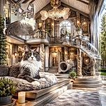 A majestic grey and white cat with striking amber eyes lounges comfortably indoors, with a cozy background featuring a fridge adorned with family photos and a softly lit room.