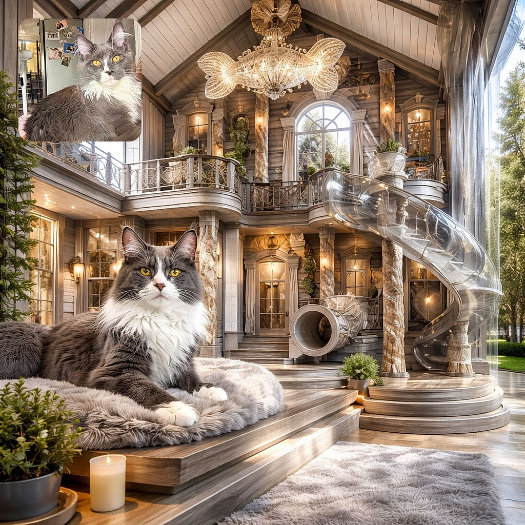 A majestic grey and white cat with striking amber eyes lounges comfortably indoors, with a cozy background featuring a fridge adorned with family photos and a softly lit room.