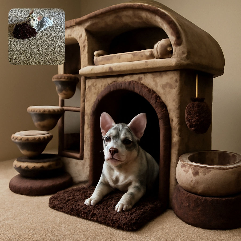 A cute merle French Bulldog puppy is lying on a beige carpet, looking up with curious eyes, next to a dark brown fuzzy toy. The lighting is natural and soft, highlighting the puppy's unique coat pattern and adorable expression.