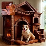 A cozy close-up of a thoughtful dog lounging on a soft beige cushion, gazing off with soulful eyes against a richly textured wooden background. The warm lighting highlights the dog's gentle expression and smooth fur, capturing a quiet, contemplative moment.