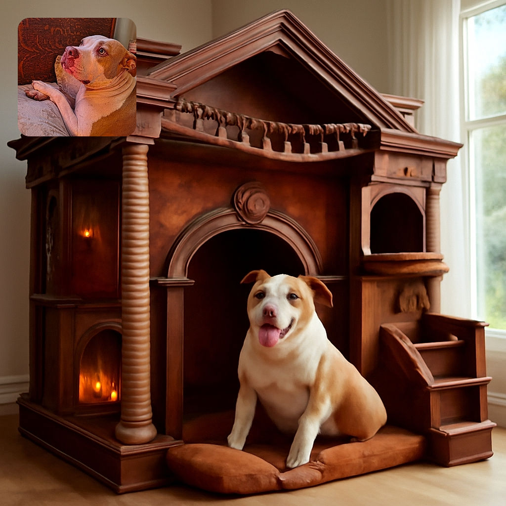 A cozy close-up of a thoughtful dog lounging on a soft beige cushion, gazing off with soulful eyes against a richly textured wooden background. The warm lighting highlights the dog's gentle expression and smooth fur, capturing a quiet, contemplative moment.