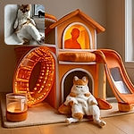 A relaxed orange and white cat lounges in a corner by the window, looking down with a curious expression while its fluffy tail playfully flicks nearby. The textured white floor and soft natural light add a cozy vibe to this candid feline moment.