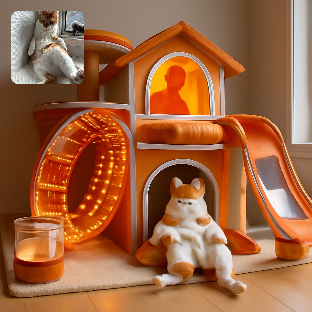 A relaxed orange and white cat lounges in a corner by the window, looking down with a curious expression while its fluffy tail playfully flicks nearby. The textured white floor and soft natural light add a cozy vibe to this candid feline moment.