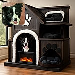 A close-up photo of a happy black and white dog with bright eyes and its tongue playfully sticking out, sitting on a wooden floor with a few scratches and marks.