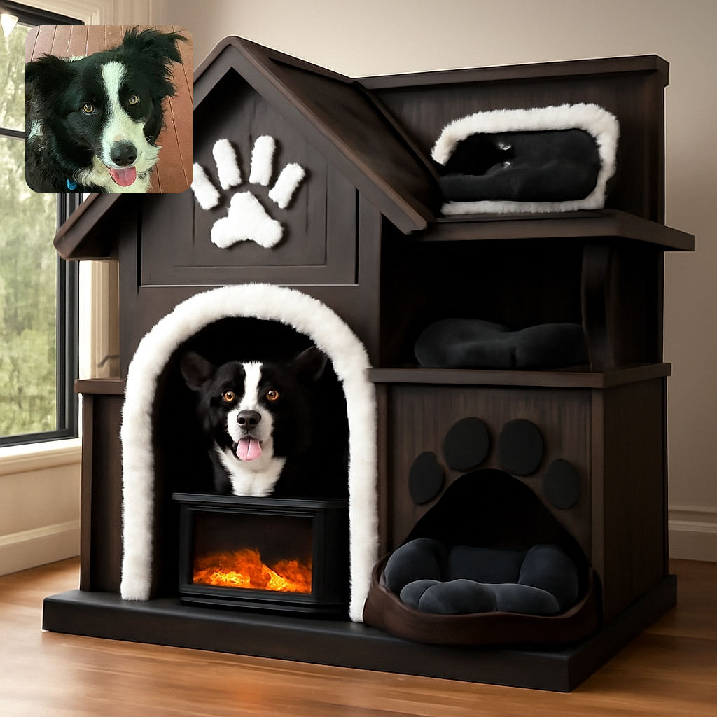 A close-up photo of a happy black and white dog with bright eyes and its tongue playfully sticking out, sitting on a wooden floor with a few scratches and marks.