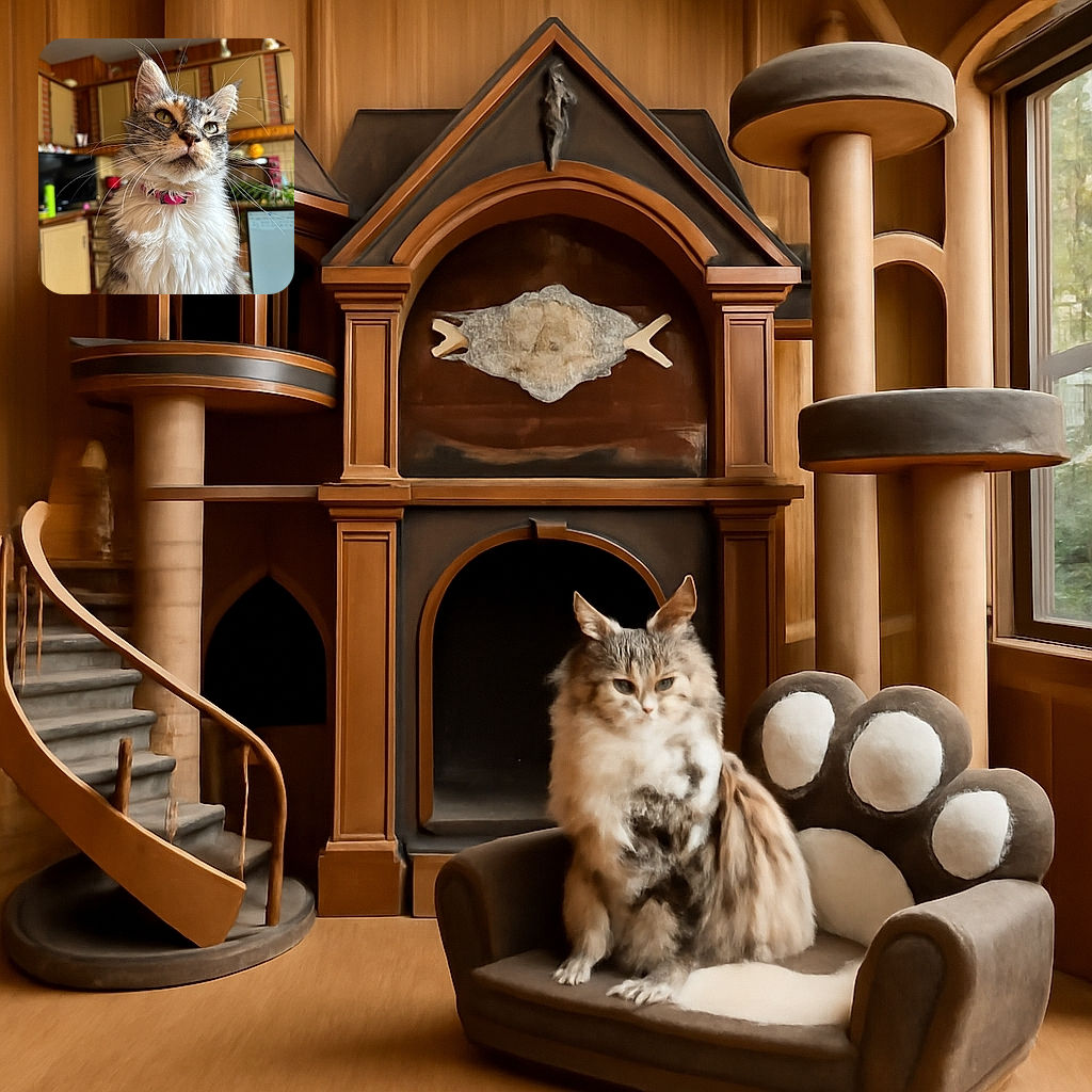 A majestic fluffy cat with a pink collar poses regally in a cozy kitchen setting, its whiskers and fur sharply detailed against a softly blurred background of cabinets and a computer screen.