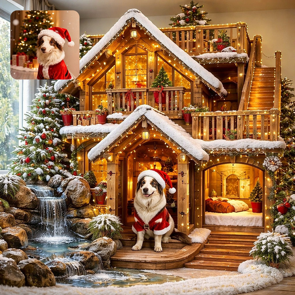 A fluffy dog has been promoted to Santa for the evening—complete with a velvet red hat and belt, sitting patiently in front of a twinkling Christmas tree and a pile of neatly wrapped gifts. The bokeh lights and scattered snowflakes make it look like a holiday card, while the dog's slightly guilty grin says, 'I may have hidden the cookies.' Cozy, festive, and irresistibly adorable.