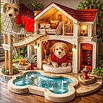 A fluffy little pup in a bright red jersey gives an unblinking 'treat?' stare while perched on tiled floor — part fashion model, part snack negotiator, all adorable.