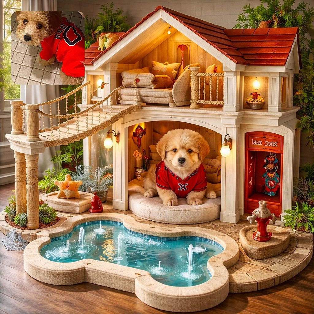 A fluffy little pup in a bright red jersey gives an unblinking 'treat?' stare while perched on tiled floor — part fashion model, part snack negotiator, all adorable.