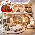 A chubby gray cat strikes a solemn, judgmental pose inside a bright red heart frame with sketched love-hearts in the background; a tiny butterfly peeks in the corner while the cat stares directly at the camera as if negotiating extra treats.