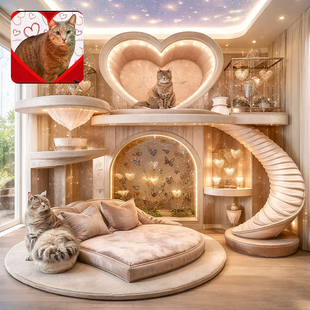 A chubby gray cat strikes a solemn, judgmental pose inside a bright red heart frame with sketched love-hearts in the background; a tiny butterfly peeks in the corner while the cat stares directly at the camera as if negotiating extra treats.