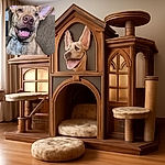 A close-up photo of a happy dog with large ears and a wide smile, tongue out, sitting comfortably on a couch with a blurred background featuring wall art and furniture.