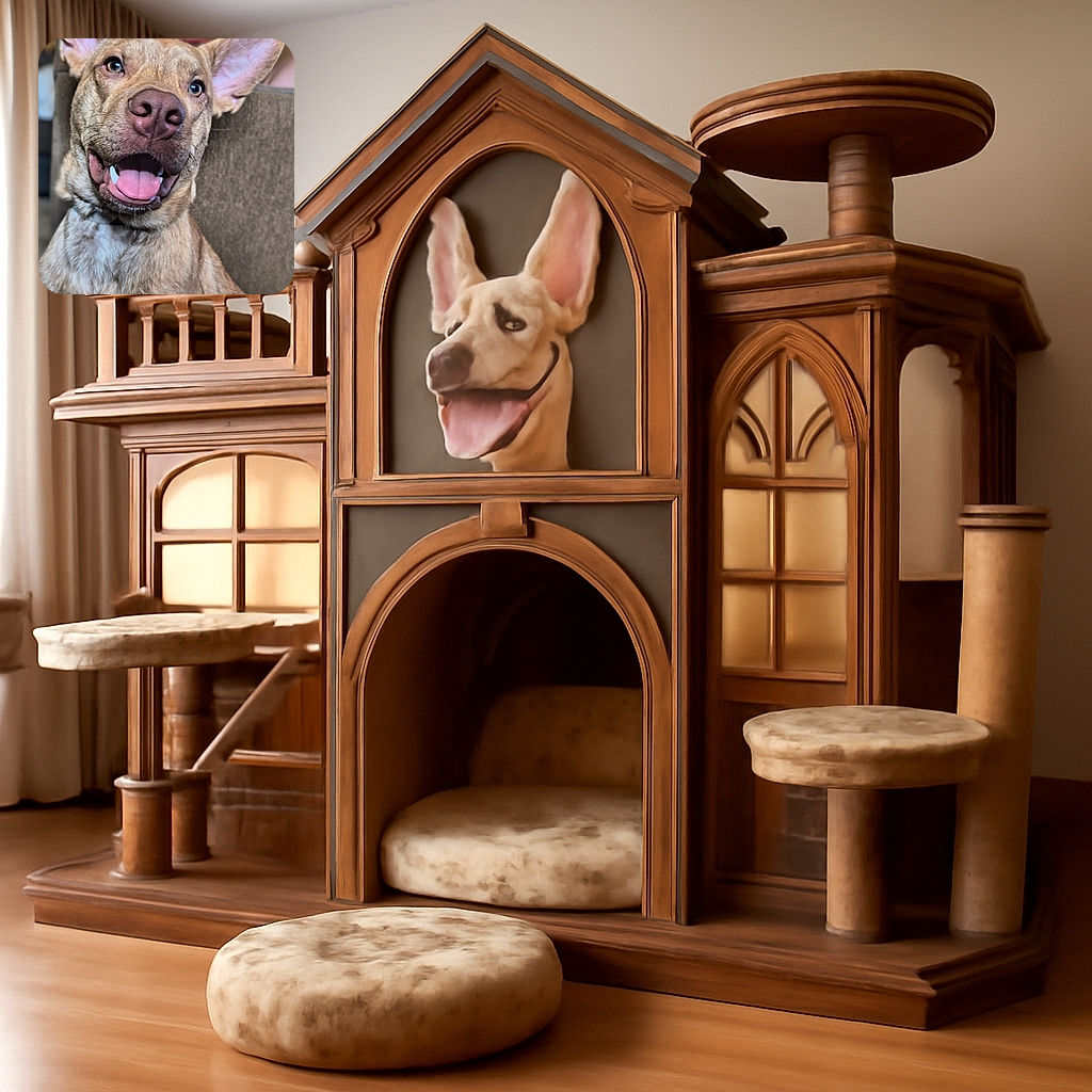 A close-up photo of a happy dog with large ears and a wide smile, tongue out, sitting comfortably on a couch with a blurred background featuring wall art and furniture.