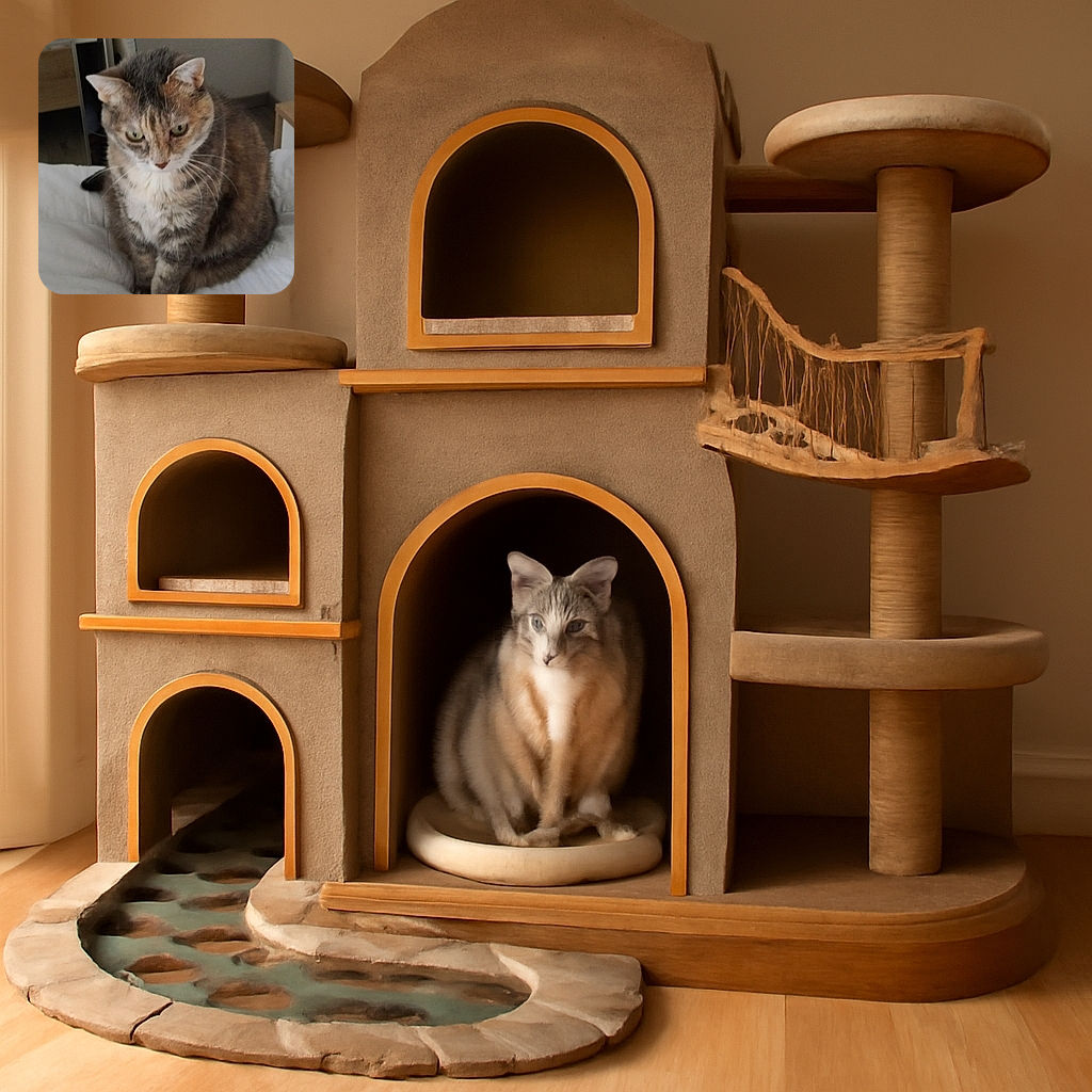 A slightly blurry photo of a tabby cat sitting on a white bedspread, looking down with a calm and thoughtful expression. The background shows part of a bedroom with furniture and a mirror.