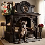 A dignified dog sits attentively on a floral patterned bedspread in a cozy, warmly lit bedroom filled with vintage decor and personal touches.