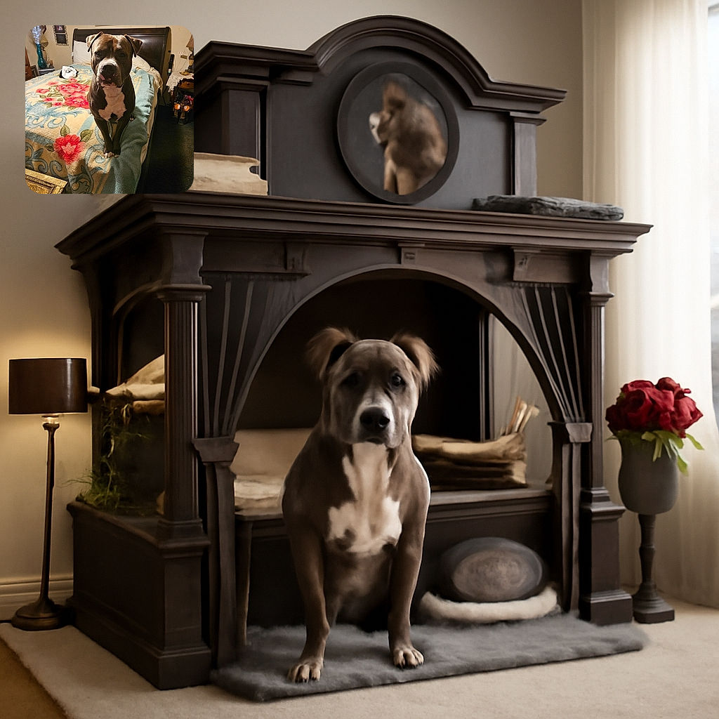 A dignified dog sits attentively on a floral patterned bedspread in a cozy, warmly lit bedroom filled with vintage decor and personal touches.