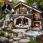 A fluffy black and white puppy lounges adorably on a cozy brown couch, resting its paws on the armrest and gazing with soulful eyes that could melt anyone's heart. The background features a comfy living room setup with a red pillow adding a pop of color.