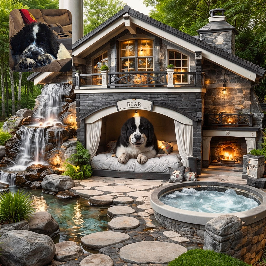 A fluffy black and white puppy lounges adorably on a cozy brown couch, resting its paws on the armrest and gazing with soulful eyes that could melt anyone's heart. The background features a comfy living room setup with a red pillow adding a pop of color.