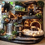 A fluffy black cat with striking yellow eyes lounges on the edge of a glass table, its paws hanging over a wooden chair. In the background, a cluttered room with papers, a green box, and another cat peeking out adds a cozy, lived-in vibe.