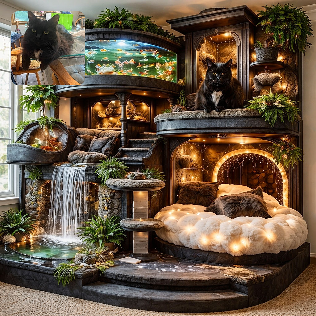 A fluffy black cat with striking yellow eyes lounges on the edge of a glass table, its paws hanging over a wooden chair. In the background, a cluttered room with papers, a green box, and another cat peeking out adds a cozy, lived-in vibe.